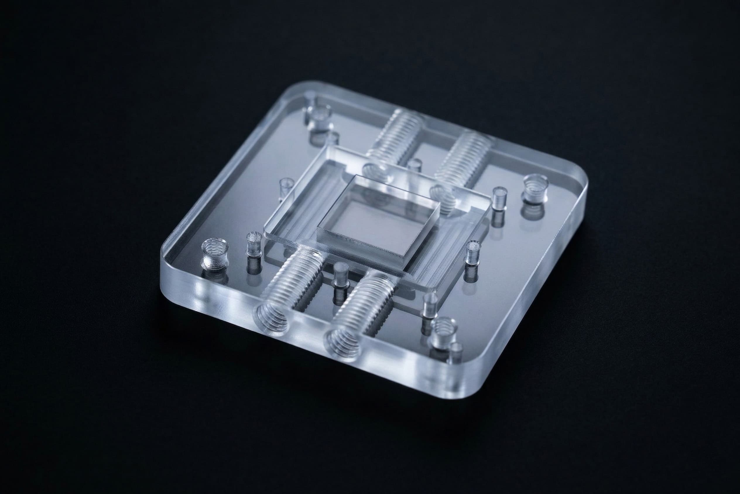 CNC milled connector-industry component in clear polycarbonate, with threaded holes, alignment pins and a precision-machined central pocket, made by K-TOOL Engineering in Penang, Malaysia